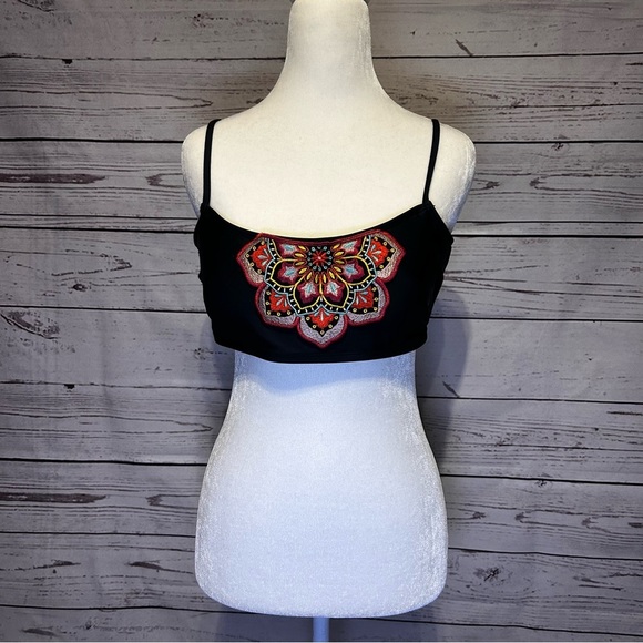 Mae Other - Mae Bikini Top XL (16–18) | Black Swimsuit Top with Colorful Embroidered